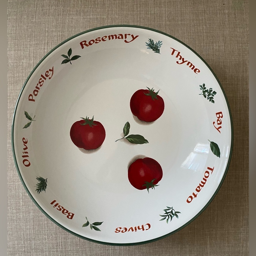Crate & Barrel Hand Painted Tomato 13" Pasta Bowl Green Outside Made In Portugal